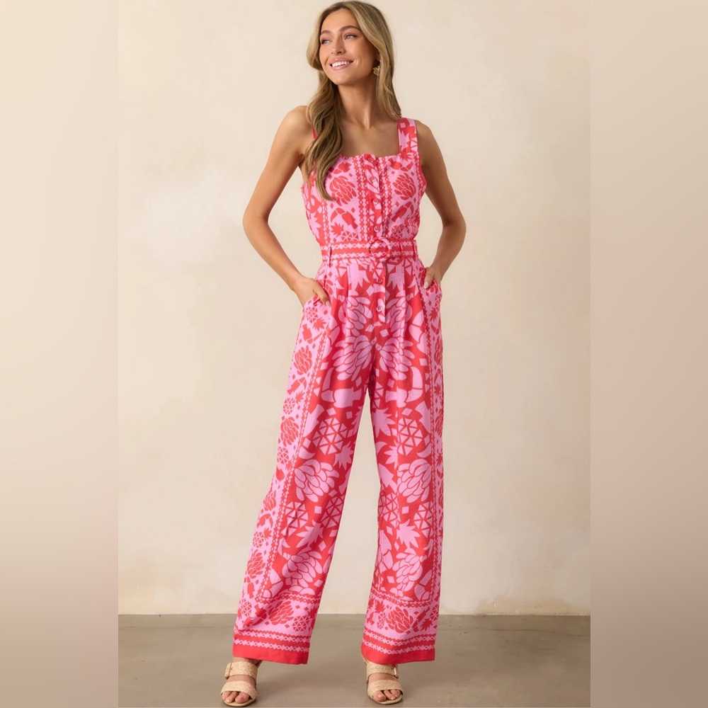 Red Dress TAKE THE LEAP CORAL PINK FLORAL BUTTON FRONT BELTED JUMPSUIT